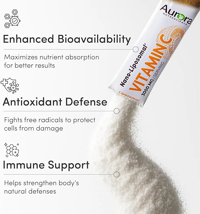 Vida Lifescience Aurora Nutrascience Nano-Pack Liposomal Vitamin C Powder Drink Mix Immune Support High Strength 3000 mg Per Serving 30 Single Serve Packets Orange