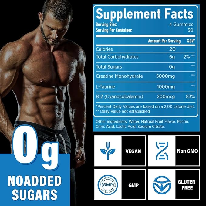 Creatine Monohydrate Gummies for Men &amp Women-5g of Creatine Monohydrate per Serving- Help Increase Strength and Build MuscleSugar FreeVeganBlueberry Flavor 120 Count