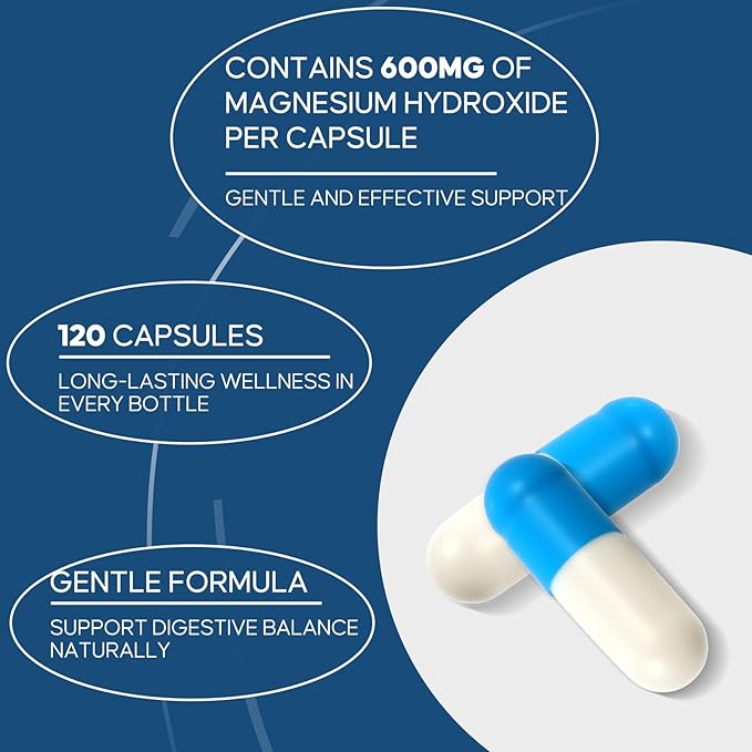 Magnesium Hydroxide Capsules Contains 270 mg of Magnesium Relieve Constipation and Indigestion Support Intestinal Motility Gut Health for Women and Men (120 Capsules)