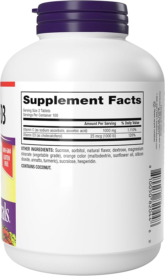 Webber Naturals Vitamin C+D3 200 Chewable Orange Tablets 1000 mg of Vitamin C with 1000 IU of Vitamin D3 Per Serving Bones Teeth Immune and Antioxidant Support Non GMO Dairy &amp Gluten Free