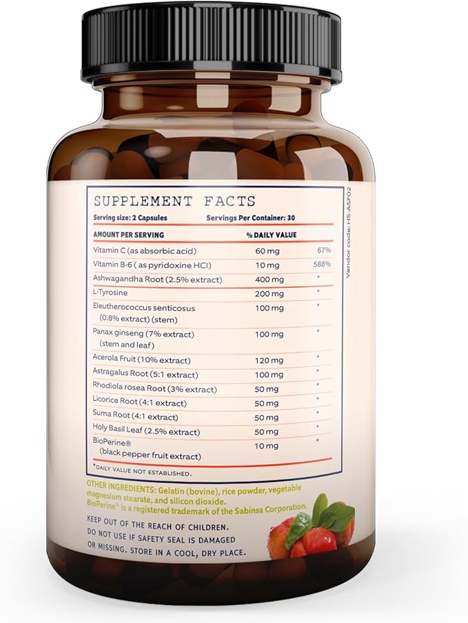 Adrenal Support &amp Cortisol Manager – Extra Strength Adrenal Fatigue Supplements for Energy Brain Fog with Ashwagandha Rhodiola Rosea L Thyrosine Holy Basil – 60 Non GMO Pills