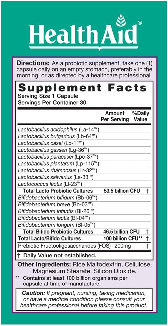 HealthAid UltraProbio 100 Billion 30ct Once Daily Capsules Optimum Support 100 Billion with Prebiotic Acid &amp Bile Resistant Non-GMO