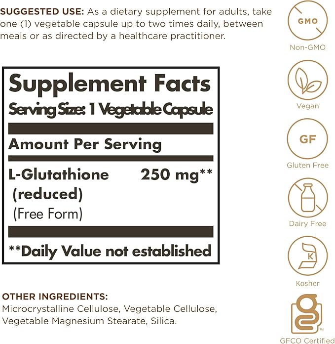 Solgar Reduced L-Glutathione 250 mg - 60 Vegetable Capsules - Antioxidant Support - Non-GMO Vegan Gluten Free Dairy Free Kosher - 60 Servings
