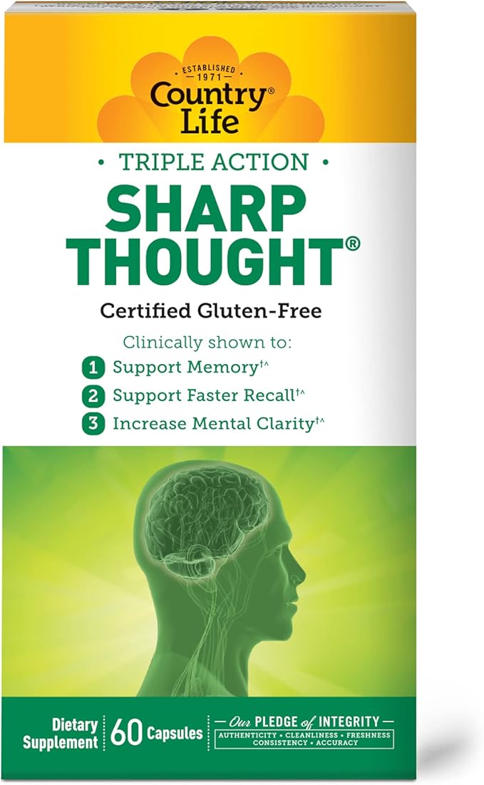 Country Life Sharp Thought - Memory &amp Cognitive Support Supplement – Sharp-PS Gold Phosphatidylserine + DHA – Promotes Mental Clarity &amp Faster Recall – Gluten-Free 60 Capsules