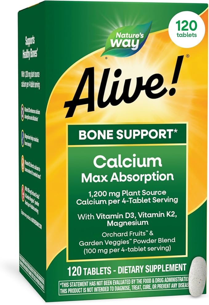Nature’s Way Alive! Calcium Bone Support Tablets* Max Absorption Calcium Supplement with Vitamins D3 K2 &amp Magnesium Promotes Bone Health and Bone Density* Gluten Free 120 Tablets