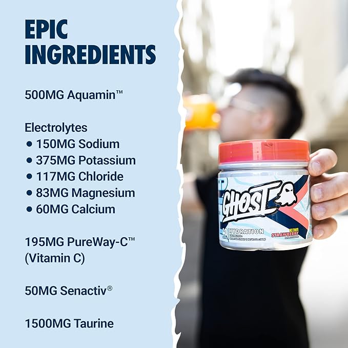 GHOST Hydration Kiwi Strawberry 40 Serv Electrolyte Powder - Drink Mix Supplement with Magnesium Potassium Calcium Vitamin C &amp Taurine for Energy &amp Endurance - Vegan Free of Soy Sugar