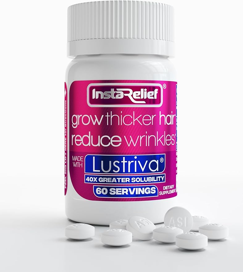 InstaRelief® Hair Growth with Lustriva® - Clinically Shown to Grow Thicker Healthier Hair in 3 Weeks Reduce Wrinkles and Fine Lines with Biotin Silicon and Arginine 60 Tablets