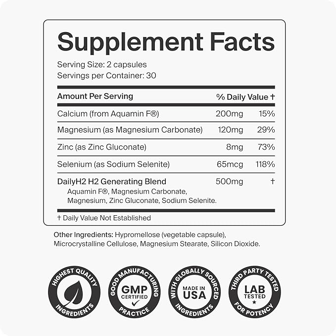 Hydrogen Water Tablets Alternative | DailyH2 Molecular Hydrogen Capsules | 3mg H2 for Cellular Energy Focus &amp Recovery | Brain Gut &amp Mitochondrial Support | 60 Caps