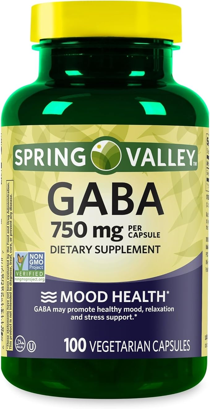 Spring Valley GABA Amino Acid Supplement 750 mg Unflavored 100 Count for Calm Mind Sleep Set by Basket Goods