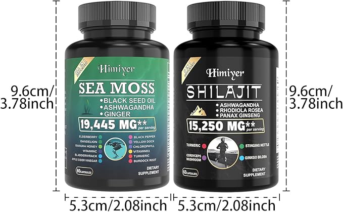 Himiyer 2pcs Ultimate Wellness Bundle - Boost Energy Immunity &amp Brain Function with 7000mg Sea Moss 4000mg Black Seed Oil 2000mg Ashwagandha 9000mg Ginger &amp Shilajit Vegan-Friendly Suppl