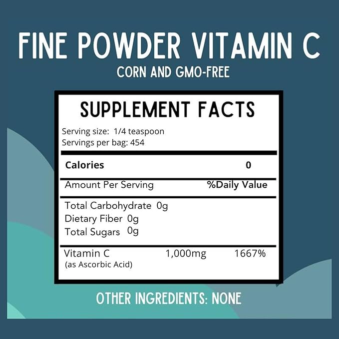 Fine Powder Vitamin C as Ascorbic Acid | Pure Sugar &amp GMO-Free | 1000 mg Vitamin C per Serving | 454 Servings per Bag