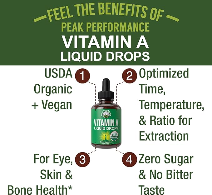 USDA Organic Vitamin A Liquid Drops Supplement - Vegan High Bioavailability for Eye Skin + Bone Health - for Adults Men Women Kids - Vit A Oil Retinyl Palmitate - Gluten Free Zero Sugar 1 fl oz