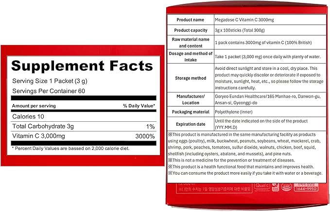 MEGADOSE Vitamin C Powder 3000mg High Content Vitamin 3g*100 Sticks Total 300g Easy Cut Sachets