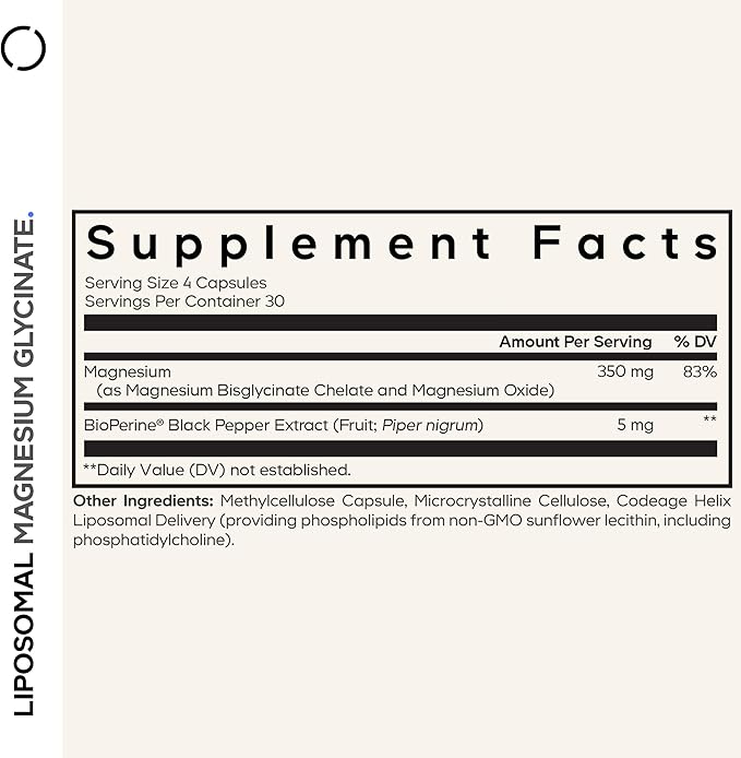Codeage Liposomal Magnesium Glycinate Supplement - Magnesium Bisglycinate Pills - BioPerine Black Pepper - Liposomal Delivery - Non-GMO Gluten-Free Mineral - 120 Capsules