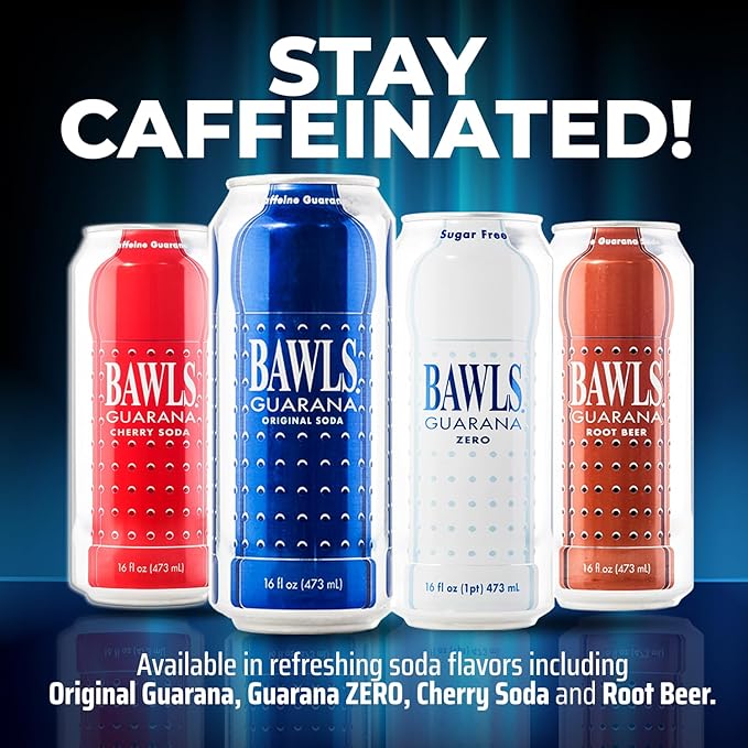 BAWLS Guarana Cherry BAWLS Guarana Drink Guarana Soda Guarana Fueled Soda for Energy High Energy Caffeinated Drink 16oz 12 Pack Cans