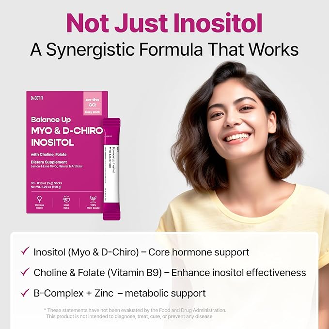 Balance Up Inositol 40:1 Myo &amp D-Chiro with Folate(Vitamin B9) &amp Choline – Hormone Balance &amp Reproductive Health Support for Women – Lemon Lime Stick Powder 30 Servings