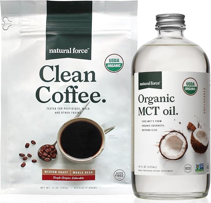 Natural Force Organic Clean Coffee + Organic MCT Oil Bundle – 100% Pure Coconut MCTs &amp Mold &amp Mycotoxin Free Coffee – Non-GMO Keto Paleo and Vegan - 12 Oz Bag and 16 Oz Glass Bottle