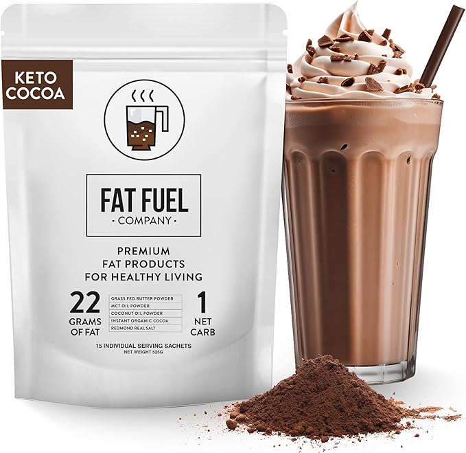 Fat Fuel Keto Cocoa 22g Premium Fats - with Grass Fed Butter MCT Oil Coconut &amp Redmond Real Salt - Instant Organic Cocoa One Net Carb A True Meal Replacement - 15 Servings
