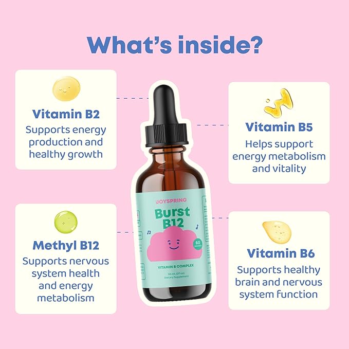 JoySpring Burst B12 Drops - Vitamin B Complex for Kids with Methyl B12 Supplement to Support Healthy Growth &amp Development Vegan Liquid B12 Drops Ages 3-16+ | 2 fl oz (60 Servings)