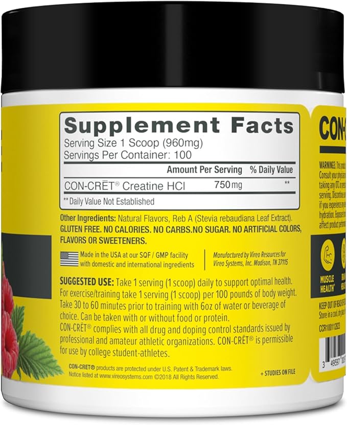 CON-CRET Creatine HCl Powder | Muscle Cognitive Cellular Energy Support | No Bloating or Cramps | USA Made &amp NSF Certified | Raspberry (100 Serving)