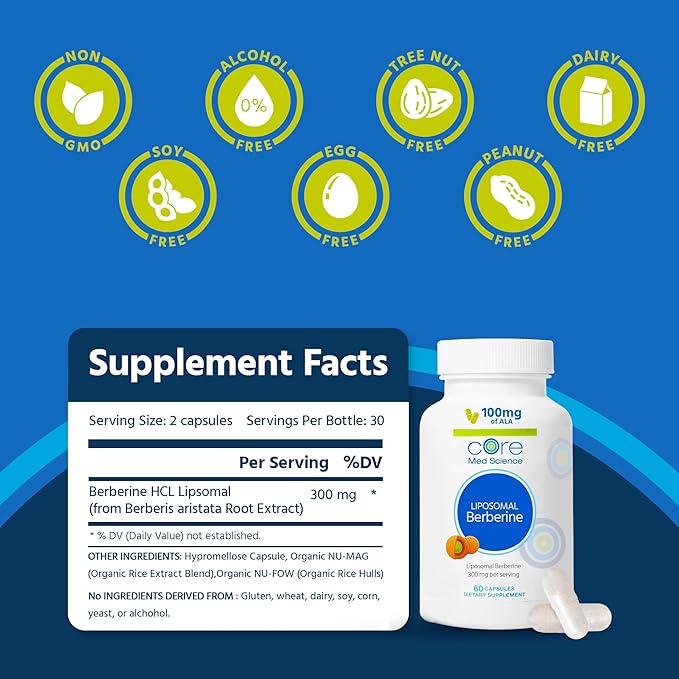 Core Med Science Liposomal Berberine Supplement 300mg - Physician Formulated Berberine HCL with Alpha Lipoic Acid for Blood Sugar Metabolic Health &amp Gut Support - High Absorption – 60 Capsules