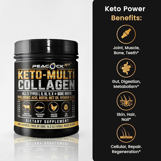 Keto Multi Collagen Peptides 16.2 oz - Bone Broth Protein Powder with 5 Types Hydrolyzed Collagen MCT Oil &amp Biotin for Skin Joints Hair &amp Nails Unflavored Collagen Powder