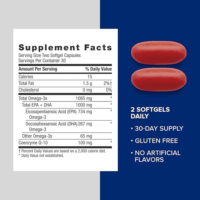 GNC Triple Strength Fish Oil Plus CoQ10 Omega 3 Supplement 1000mg EPA and DHA 100mg CoQ10 Heart and Circulatory Health Plus Skin Joint Brain and Eye Coated to Control Fishy Burps 30 Servings