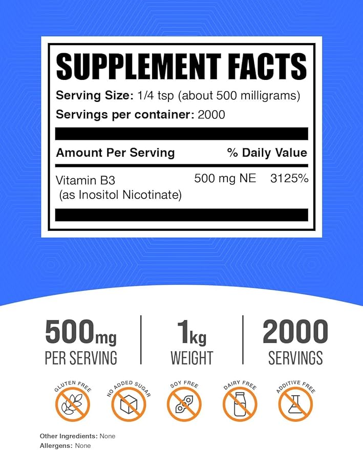 BulkSupplements.com Flush Free Niacin Powder - as Inositol Hexanicotinate Vitamin B3 Supplement Niacin 500mg Flush Free - Gluten Free 500mg of per Serving 1kg (2.2 lbs) (Pack of 1)