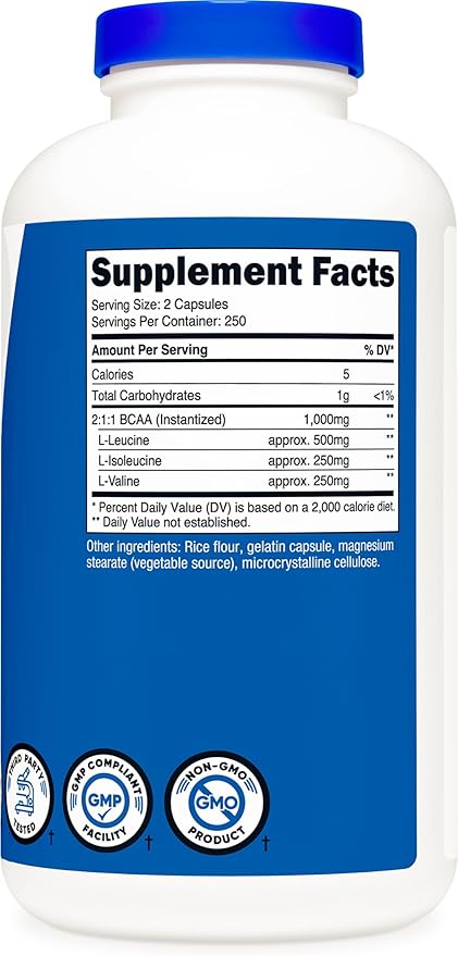 Nutricost BCAA 2:1:1 Capsules 500 Capsules for 250 Servings Per Bottle (3 Bottles)