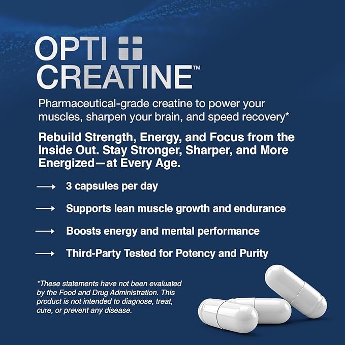Opti + Creatine Monohydrate Capsules | Support Muscle Recovery Energy and Healthy Stamina* | Daily Creatine Supplement | 180 Capsules/60 Servings
