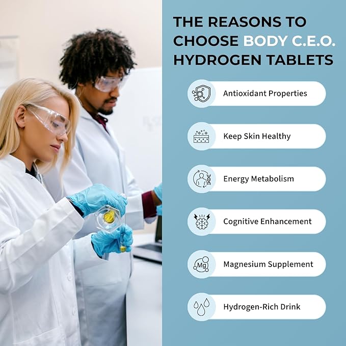 Body C.E.O. Hydrogen Water Tablets with Magnesium | Molecular Hydrogen Tablets for Drinking Water | Supports Energy Focus &amp Antioxidant Balance | Vegan &amp Gluten Free Supplement| 90 Count (Unfl