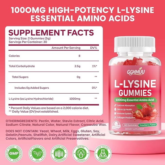 2 Pack L-Lysine Gummies 1000mg L-Lysine Supplement for Adults &amp Kids Essential Amino Acid Supplement for Lips &amp Oral Health Immune Support Strawberry Flavor 120 Count
