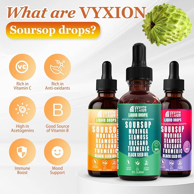 Vyxion Soursop Bitters 10-in-1 Drops with Sea Moss &amp Ashwagandha | Ultimate 3-Pack: Original Tropical Mango Mixed Berry | 6 Fl Oz Total | Vegan Non-GMO