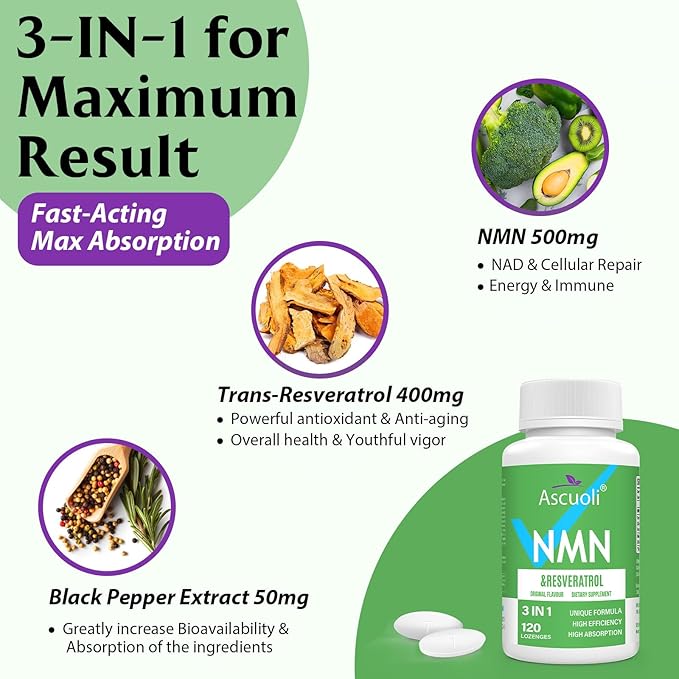 Sublingual NMN 500mg + Trans-Resveratrol 400mg 3-in-1 Advanced Formula 99% Pure NMN Resveratrol Supplement for Boost* NAD Cell Immune Energy &amp Muscle Anti-Aging 240 Lozenges 240-Day Supply