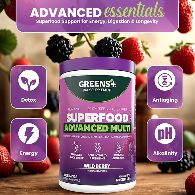 Greens+ Advanced Multi Wild Berry Superfood Powder Organic Blend Vegan Non-GMO Soy-Free Dairy-Free Gluten-Free Dietary Supplement with Vitamins &amp Minerals 9.4 oz
