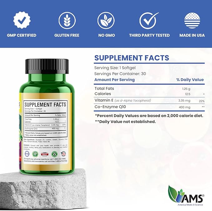 America Medic &amp Science Q-Well-10 (30 Pieces) | CoQ10 400mg Softgels | Nutritional Supplement with Coenzyme Q10 and Vitamin E | High Absorption Antioxidant for Enhanced Wellness and Heart Health