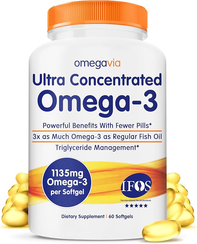 OmegaVia Ultra Concentrated Omega 3 Fish Oil Burpless 60 Softgels Triple Strength Omega 3 Fish Oil Supplements 1135 mg Pure Omega3 No Fishy Burps High EPA DHA DPA IFOS 5-Star