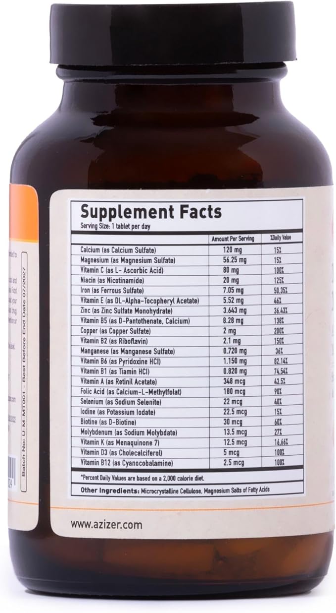 U-MORE Multivitamin &amp Mineral Complex Vegan Sugar-Free Gluten-Free Calcium Magnesium Vitamin A B1 B2 B5 B6 B12 D3 K C Iron Zinc Supports Immune System &amp Overall Health - 60 Ta