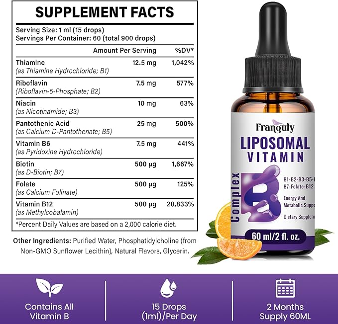 Liposomal Vitamin B Complex Liquid Sublingual B Complex Vitamins Supplement for Women Men Improved Absorption Methylated B12B1 B2 B3 B5 B6FolateBiotin for Energy And Immune Support-4.0 oz