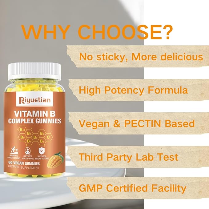 Vitamin B Complex Gummies with BiotinCholine + Inositol Vitamin C + Zinc for Supports Energy Brain Mood Immune Healthy Hair Skin - Natural Mango Flavor - Vegan Diet - 120 Vegan