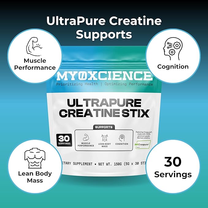 MYOXCIENCE Creapure® Creatine Stix | 5 Grams of German Creatine Monohydrate Per Stick Pack | Supports Muscle Performance Lean Body Mass &amp Cognition | 30 Single Serve Stix