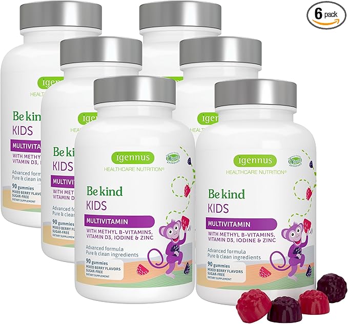 Igennus Methylated Kids Multivitamin Gummy MTHFR No Artificial Sweeteners or Flavors Sugar Free Age 4+ 90 Natural Berry Flavor Gummies from Fruit Powder Non-GMO Halal Clean Label x6
