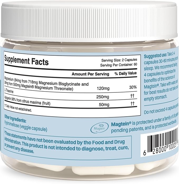 Magnesium Supplement - Magnesium Threonate Chelated Magnesium Bisglycinate L-Theanine &amp Apigenin - Rest Assist - Powerful Blend for Restful Nights - 120 Capsules