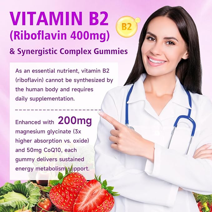 2 Pack Vitamin B2 Gummies- Riboflavin 400mg with Magnesium &amp CoQ10 &amp Vitamins for Kids &amp Adults Migraine Relief &amp Headache Relief - Strawberry Flavor 120 Gummies