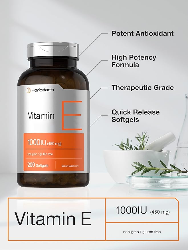 Horbäach Vitamin E 1000 IU Softgel Capsules | 200 Count | Non-GMO Gluten Free Preservative Free | Vitamin E Oil