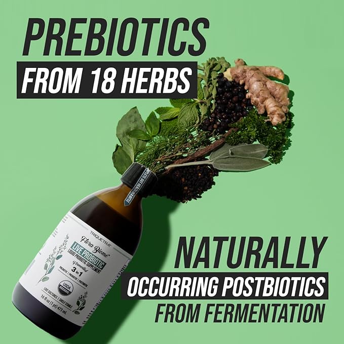 Flora Biome - Live Probiotic Prebiotic &amp Postbiotic – Organic Live-Culture – 10 Probiotic Strains 18 Fermented Herbs - Complete Gut Health &amp Microbiome Optimizer (16 oz)