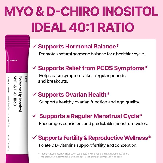Balance Up Inositol 40:1 Myo &amp D-Chiro with Folate(Vitamin B9) &amp Choline – Hormone Balance &amp Reproductive Health Support for Women – Lemon Lime Stick Powder 30 Servings