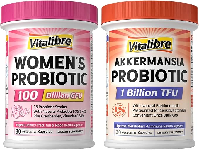 Vitalibre Probiotics for Women 100 Billion CFU 15 Strains 30 Capsules &amp Akkermansia Muciniphila Probiotic 1 Billion TFU 30 Capsules