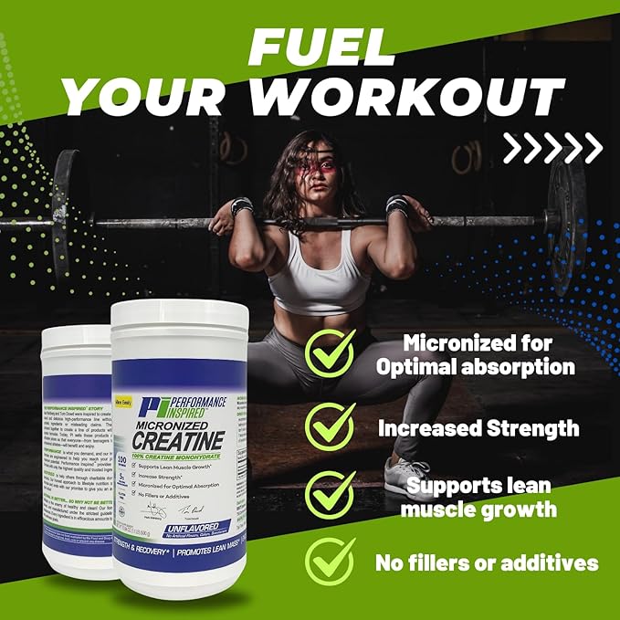 PERFORMANCE INSPIRED Nutrition Micronized Creatine Monohydrate – 100% Pure Unflavored – 5G Per Serving – 100 Servings – 1.1 LB