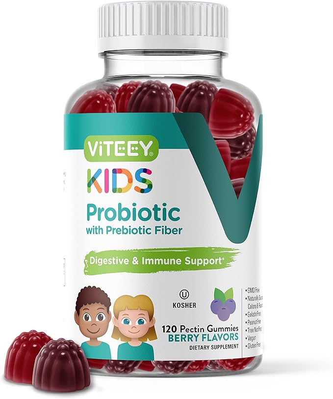 Viteey Probiotic Gummies for Kids Plus Prebiotics Fiber - 2 Billion CFUs - Digestive HealthGut Health Constipation Relief for Kids Support - Vegan Gelatin Free - Chewable Probiotic Berry Flavored